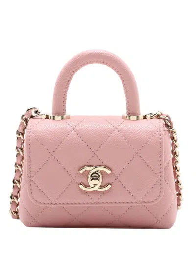 Pre-owned Chanel 2021-2025 Nano Quilted Caviar Coco Top Handle Bag Satchel In Pink