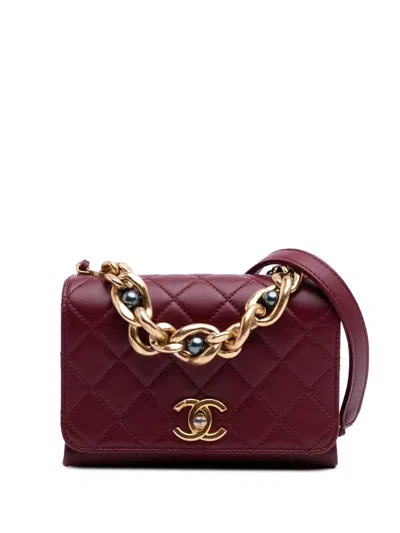 Pre-owned Chanel 2021-2025 Quilted Calfskin Pearl Jewel Chain Flap Satchel In Red
