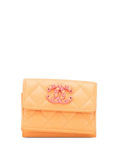 Pre-owned Chanel 2021-2025 Quilted Caviar 19 Compact Flap Wallet Small Wallets In Orange