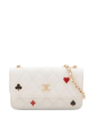 Pre-owned Chanel 2021-2025 Quilted Caviar Coco Casino Phone Holder On Chain Crossbody Bag In White