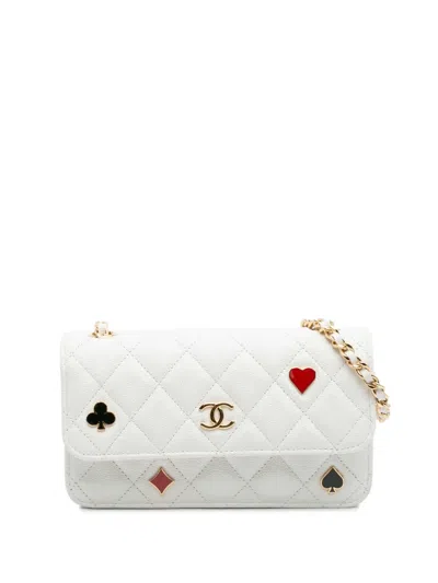 Pre-owned Chanel 2021-2025 Quilted Caviar Coco Casino Phone Holder On Chain Crossbody Bag In White