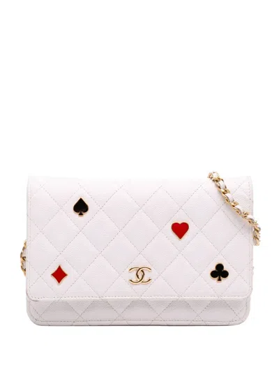 Pre-owned Chanel 2021-2025 Quilted Caviar Coco Casino Wallet On Chain Crossbody Bag In White