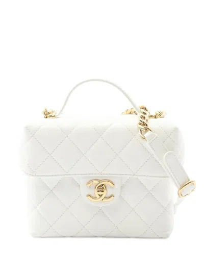 Pre-owned Chanel 2021-2025 Quilted Caviar Handy Box Vanity Case With Chain Satchel In White