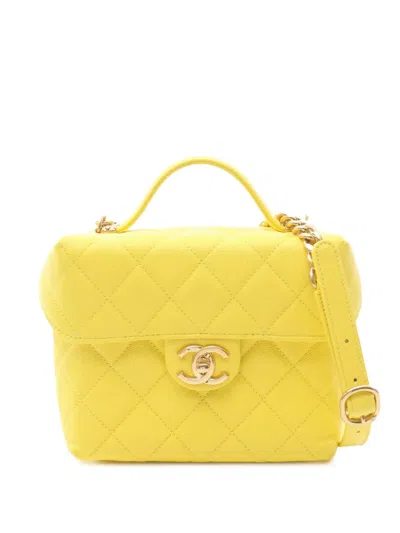 Pre-owned Chanel 2021-2025 Quilted Caviar Handy Box Vanity Case With Chain Satchel In Yellow