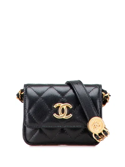 Pre-owned Chanel 2021-2025 Quilted Caviar Twist Your Buttons Flap Chain Belt Bag In Black