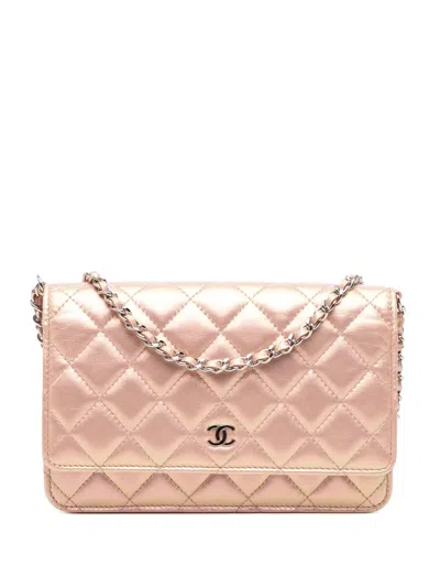 Pre-owned Chanel 2021-2025 Quilted Iridescent Lambskin Wallet On Chain Crossbody Bag In Pink