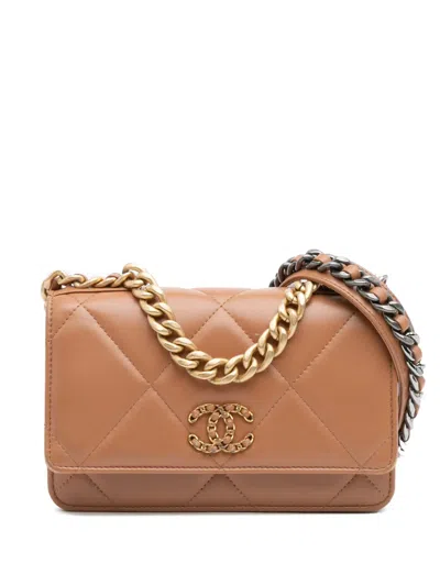 Pre-owned Chanel 2021-2025 Quilted Lambskin 19 Wallet On Chain Satchel In Brown