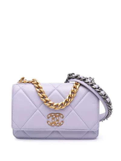 Pre-owned Chanel 2021-2025 Quilted Lambskin 19 Wallet On Chain Satchel In Purple