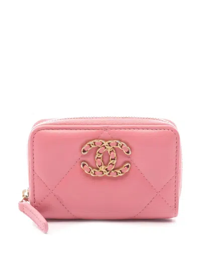 Pre-owned Chanel 2021-2025 Quilted Lambskin 19 Zip Purse Coin Pouch In Pink