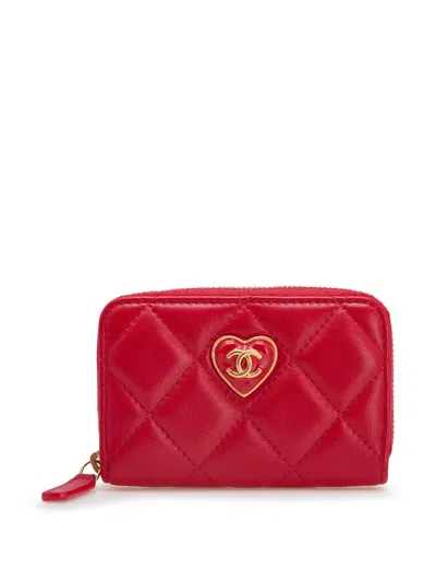 Pre-owned Chanel 2021-2025 Quilted Lambskin Acrylic Coco Love Coin Pouch In Red