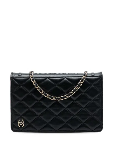 Pre-owned Chanel 2021-2025 Quilted Lambskin Book Wallet On Chain Crossbody Bag In Black