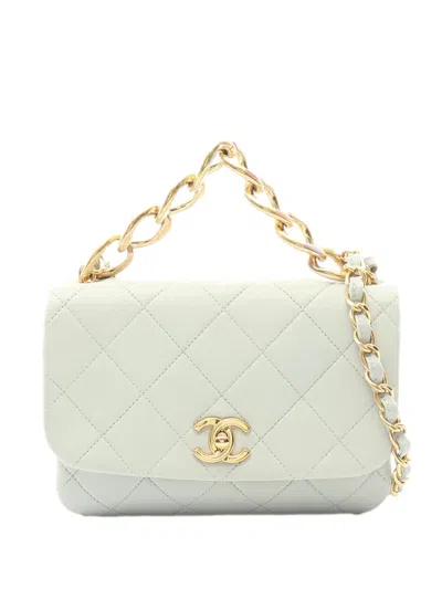 Pre-owned Chanel 2021-2025 Quilted Lambskin Chain Top Handle Flap Satchel In Gray