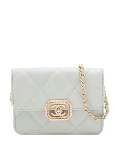 Pre-owned Chanel 2021-2025 Quilted Lambskin Crystal Clutch On Chain Crossbody Bag In Gray