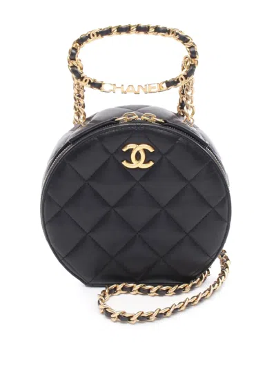 Pre-owned Chanel 2021-2025 Quilted Lambskin Oval Logo Chain Top Handle Round Clutch On Chain Satchel In Black