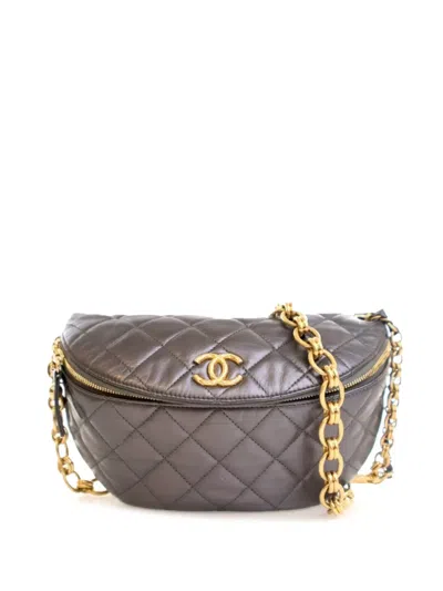 Pre-owned Chanel 2021-2025 Quilted Metallic Aged Calfskin Cc Jewel Belt Bag In Gray