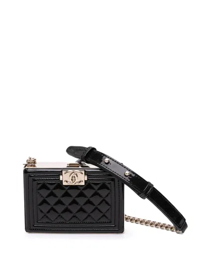 Pre-owned Chanel 2021-2025 Quilted Patent Boy Box Minaudiere On Chain Crossbody Bag In Black
