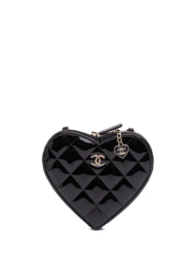 Pre-owned Chanel 2021-2025 Quilted Patent Calfskin Cc Heart Clutch With Chain Crossbody Bag In Black