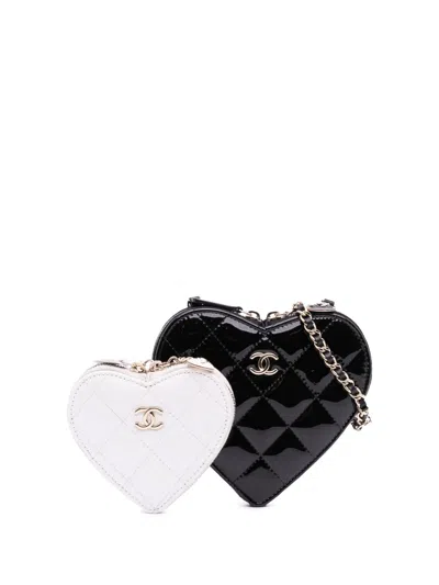 Pre-owned Chanel 2021-2025 Quilted Patent Calfskin Cc Heart Clutch With Chain Crossbody Bag In Black