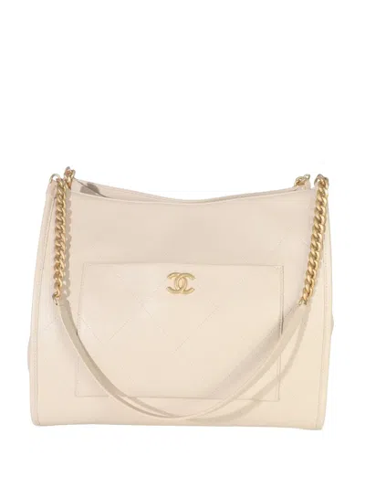 Pre-owned Chanel 2021-2025 Quilted Pocket Leather Tote Bag In Neutral