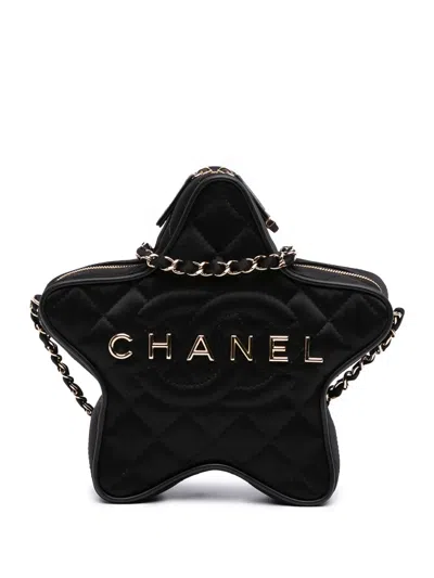 Pre-owned Chanel 2021-2025 Quilted Satin Walk Of Fame Star Crossbody Bag In Black