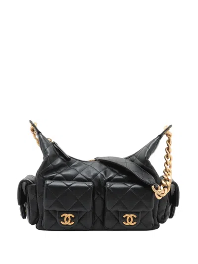 Pre-owned Chanel 2021-2025 Quilted Shiny Lambskin Trendy Pockets Hobo Shoulder Bag In Black