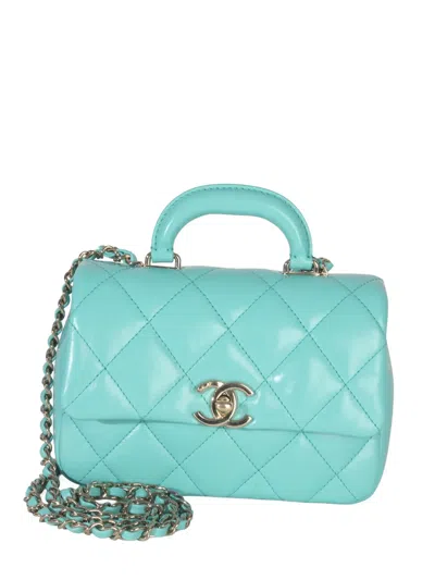 Pre-owned Chanel 2021-2025 Quilted Top Handle Flap Tote Bag In Blue