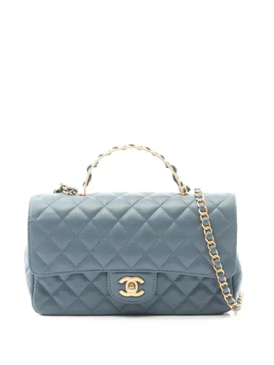 Pre-owned Chanel 2021-2025 Rectangular Classic Lambskin Top Handle Single Flap Satchel In Green