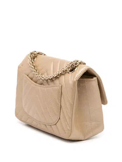 Pre-owned Chanel 2021-2025 Reissue 2.55 Chevron Quilted Metallic Calfskin Single Flap 224 Crossbody Bag In Gold