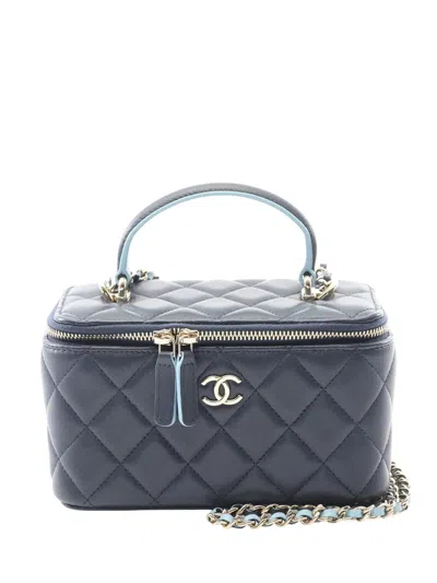 Pre-owned Chanel 2021-2025 Small Bicolor Lambskin Top Handle Vanity Case With Chain Satchel In Blue