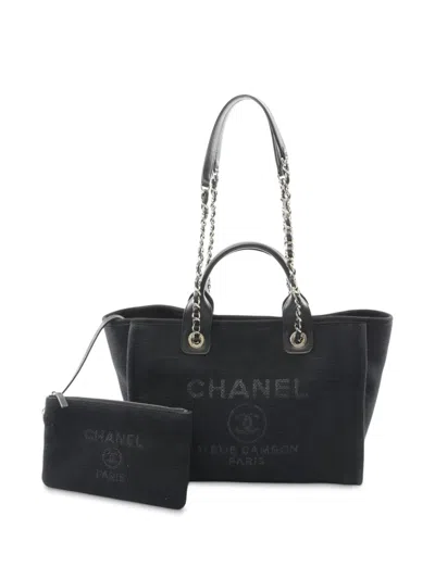 Pre-owned Chanel 2021-2025 Small Canvas Deauville Tote Bag In Black