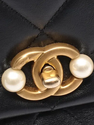 Pre-owned Chanel 2021-2025 Small Cc Glazed Calfskin Imitation Pearls Flap Crossbody Bag In Black