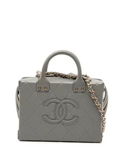 Pre-owned Chanel 2021-2025 Small Cc Quilted Calfskin Top Handle Convertible Vanity Case Satchel In Gray