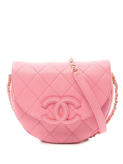 Pre-owned Chanel 2021-2025 Small Cc Quilted Caviar Chain Flap Crossbody Bag In Pink