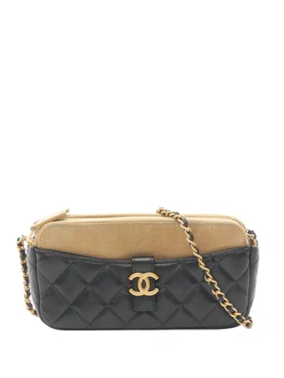 Pre-owned Chanel 2021-2025 Small Cc Quilted Lambskin And Suede Phone Holder Crossbody Bag In Black
