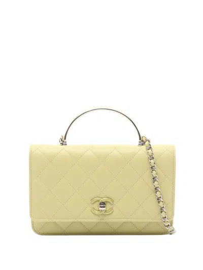 Pre-owned Chanel 2021-2025 Small Lambskin Cc Top Handle Bag Satchel In Yellow