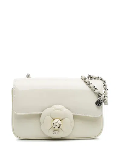 Pre-owned Chanel 2021-2025 Small Patent Camellia Single Flap Crossbody Bag In White