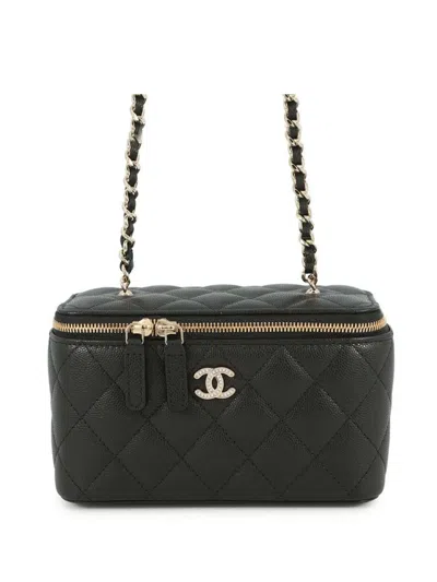 Pre-owned Chanel 2021-2025 Small Quilted Caviar Rhinestone Cc Vanity Case With Chain Crossbody Bag In Black