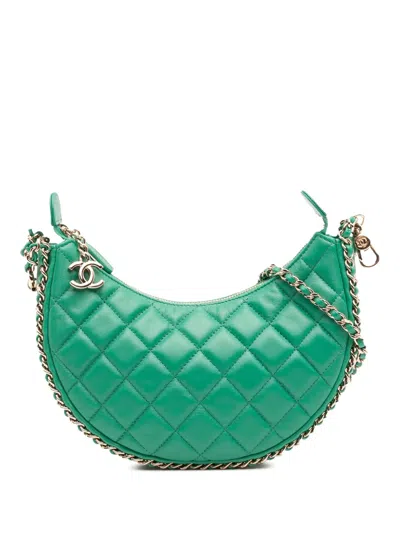 Pre-owned Chanel 2021-2025 Small Quilted Lambskin Chain Around Hook Hobo Bag Crossbody Bag In Green