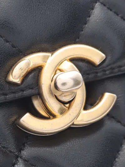 Pre-owned Chanel 2021-2025 Small Quilted Lambskin Chain Top Handle Flap Satchel In Black