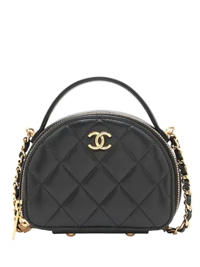 Pre-owned Chanel 2021-2025 Small Quilted Lambskin Chic Riviera Top Handle Vanity Case Satchel In Black