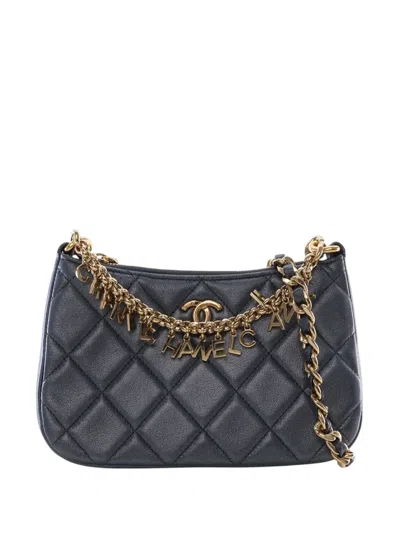 Pre-owned Chanel 2021-2025 Small Quilted Lambskin Logo Chain Crossbody Bag In Black