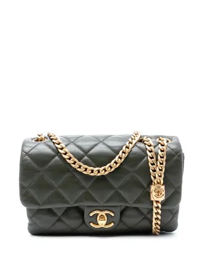 Pre-owned Chanel 2021-2025 Small Quilted Lambskin Pillow Crush Flap Crossbody Bag In Green