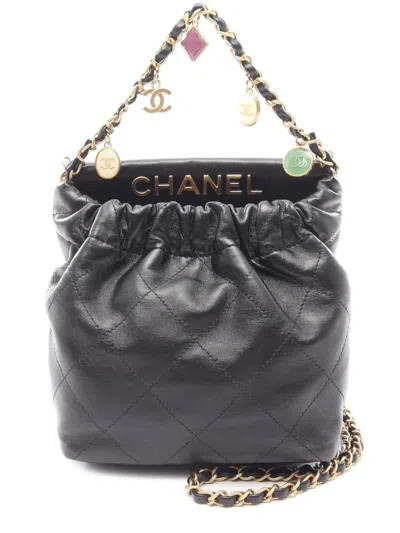 Pre-owned Chanel 2021-2025 Small Quilted Lambskin Resin Charms Chain Bucket Bag Satchel In Black