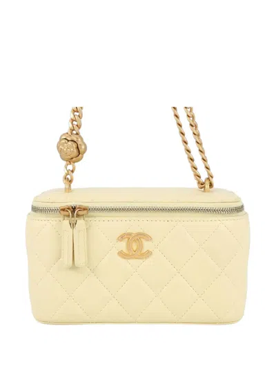 Pre-owned Chanel 2021-2025 Small Quilted Lambskin Sweet Camellia Vanity Case With Chain Crossbody Bag In Yellow