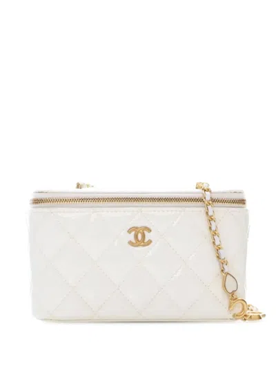 Pre-owned Chanel 2021-2025 Small Quilted Patent Coco Heart Charms Vanity Case With Chain Crossbody Bag In White
