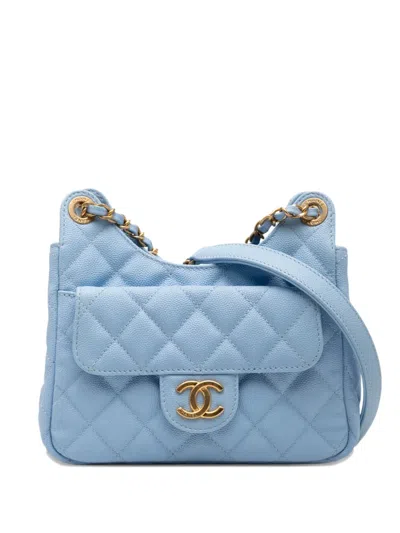 Pre-owned Chanel 2021-2025 Small Quitled Caviar Wavy Cc Hobo Crossbody Bag In Blue