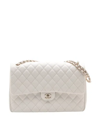 Pre-owned Chanel 2021-2025 Xxl Cc Quilted Caviar Single Flap Shoulder Bag In White