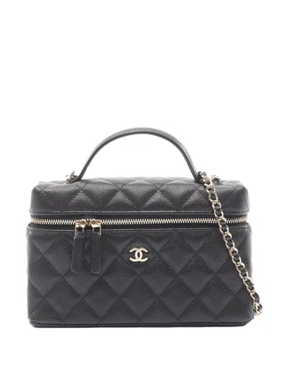 Pre-owned Chanel 2021-2026 Cc Quilted Caviar Slim Vanity With Chain Satchel In Black