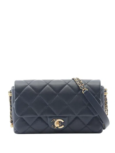 Pre-owned Chanel 2021-2026 Cc Quilted Lambskin 19 Flap Shoulder Bag In Blue