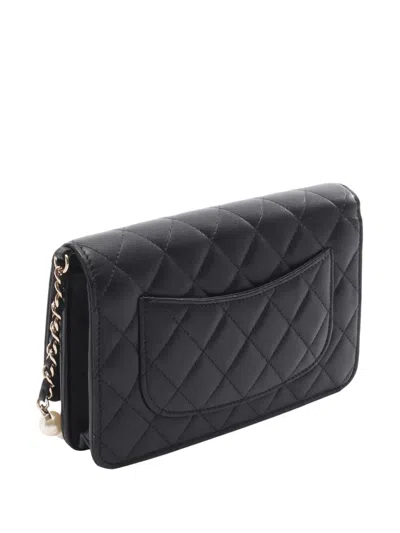 Pre-owned Chanel 2021-2026 Cc Quilted Lambskin Pearl Wallet On Chain Crossbody Bag In Black
